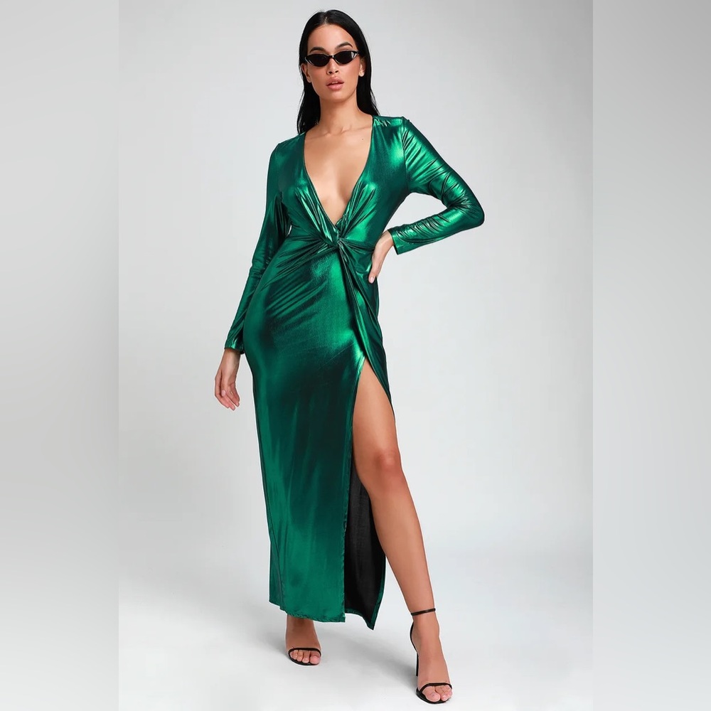Lulus Supernova Girl Teal Green Twist-Front Long Sleeve Maxi Dress